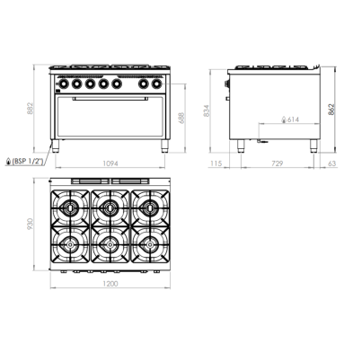 Cocina a gas de 6 fuegos 70.4 Kw horno maxi 11 Kw
