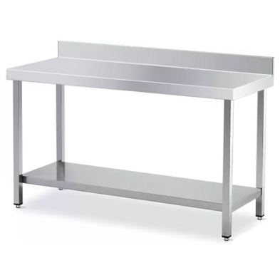 Mesa de trabajo de acero inoxidable con peto y estante para cocina profesional