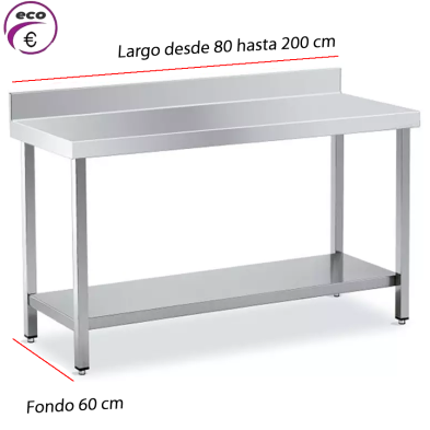 Mesa de trabajo de acero inoxidable con peto y estante para cocina profesional