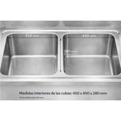 gadero profesional de acero inoxidable con dos cubas 450x450x280