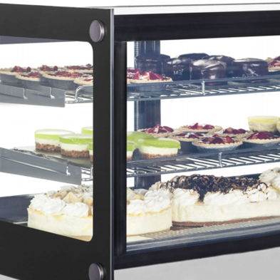 Expositor refrigerado de mostrador con puertas correderas de cristal