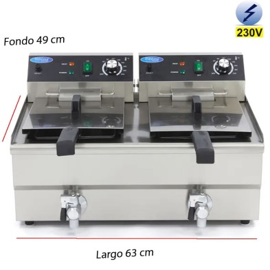 Freidora eléctrica doble de 2 x 13 litros con grifos de vaciado