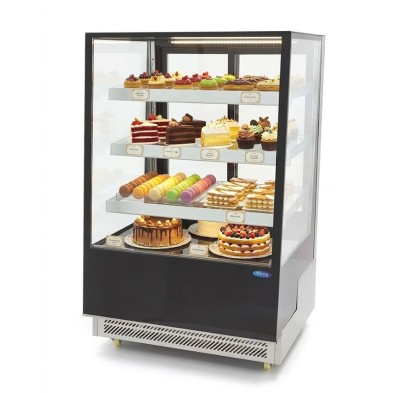 Vitrina refrigerada de pastelería negra de 500 litros con estantes de cristal