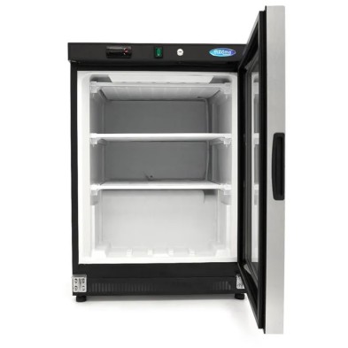 Congelador negro de 200 litros con puerta de cristal