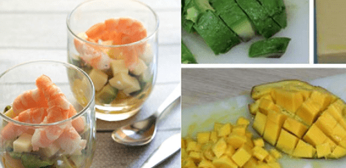 tapas con aguacate, mango y langostino